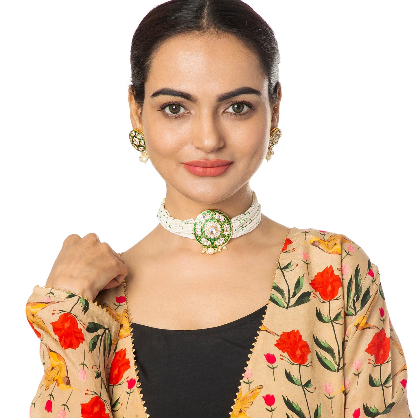 Shining Jewel Gold Plated Green Meenakari, CZ & Multilayer Pearls Adjustable Dori Pendant Necklace with Matching Earrings for Women (SJN_170_G)