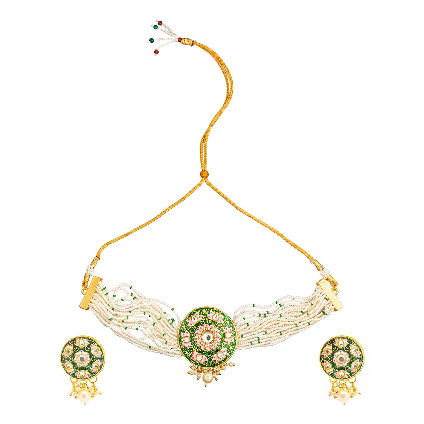 Shining Jewel Gold Plated Green Meenakari, CZ & Multilayer Pearls Adjustable Dori Pendant Necklace with Matching Earrings for Women (SJN_170_G)