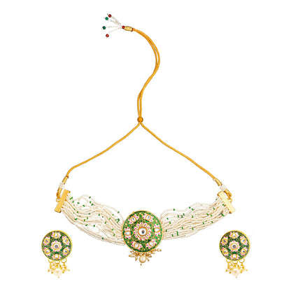 Shining Jewel Gold Plated Green Meenakari, CZ & Multilayer Pearls Adjustable Dori Pendant Necklace with Matching Earrings for Women (SJN_170_G)