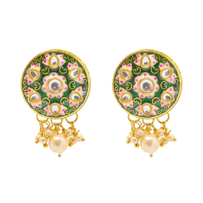Shining Jewel Gold Plated Green Meenakari, CZ & Multilayer Pearls Adjustable Dori Pendant Necklace with Matching Earrings for Women (SJN_170_G)