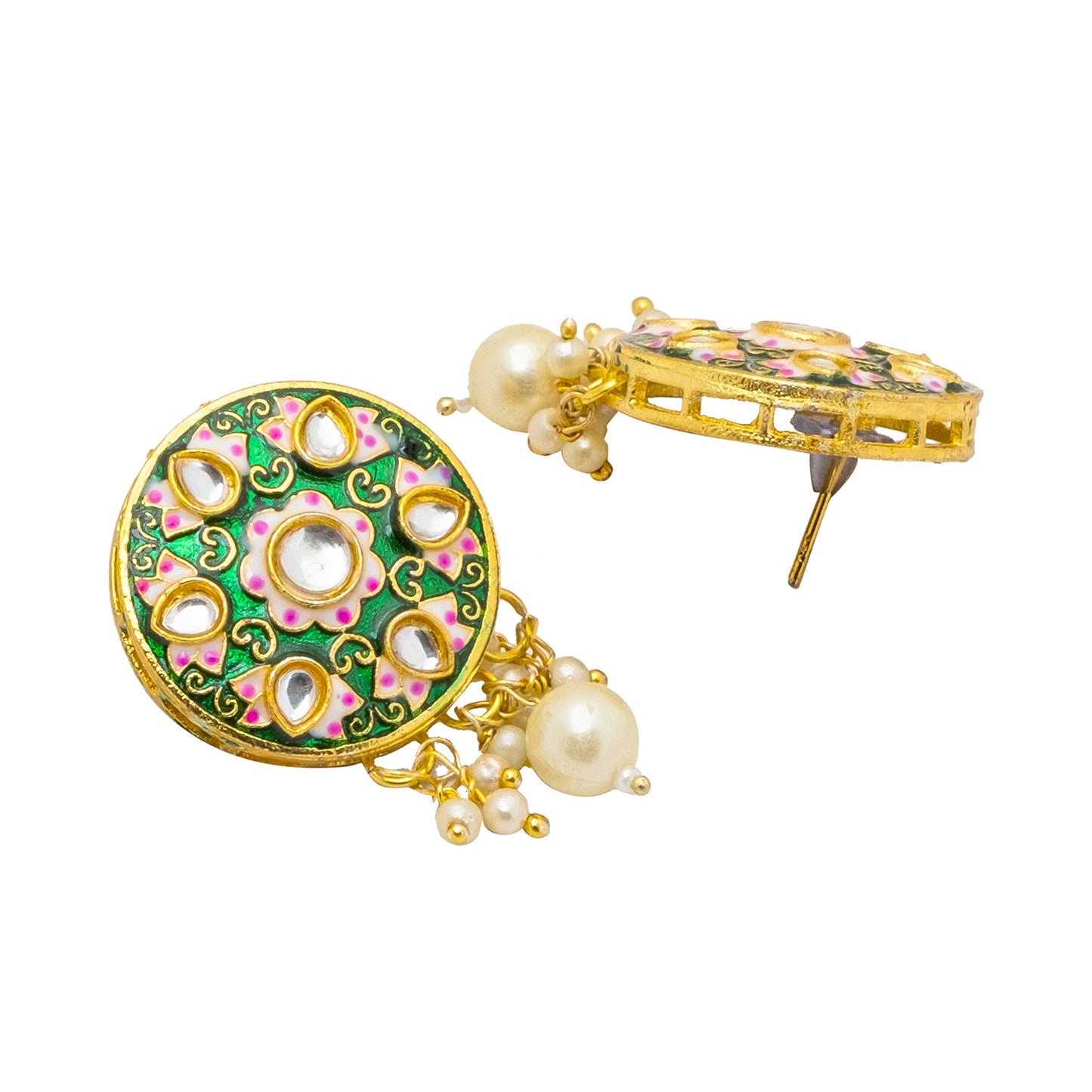 Shining Jewel Gold Plated Green Meenakari, CZ & Multilayer Pearls Adjustable Dori Pendant Necklace with Matching Earrings for Women (SJN_170_G)