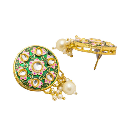 Shining Jewel Gold Plated Green Meenakari, CZ & Multilayer Pearls Adjustable Dori Pendant Necklace with Matching Earrings for Women (SJN_170_G)