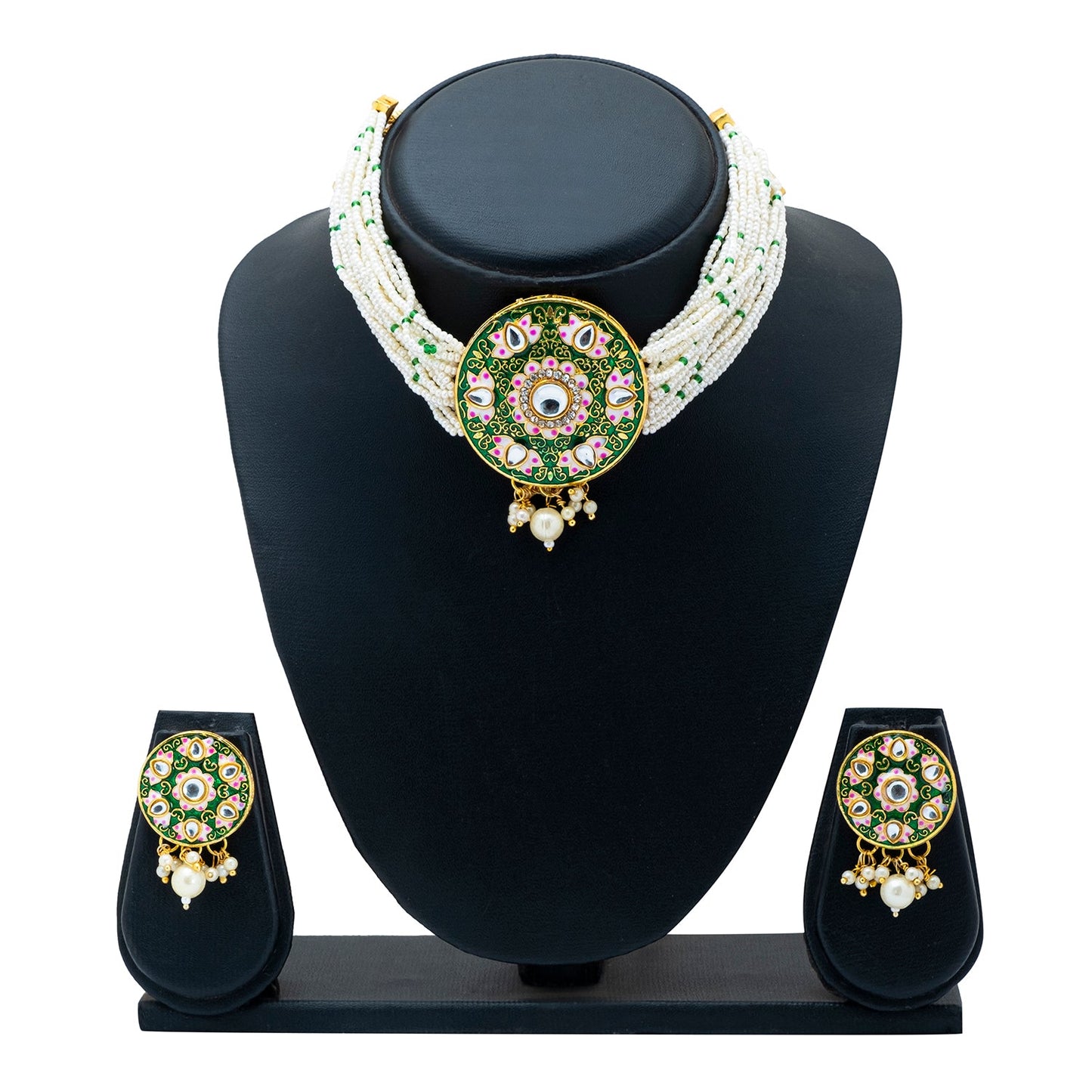 Shining Jewel Gold Plated Green Meenakari, CZ & Multilayer Pearls Adjustable Dori Pendant Necklace with Matching Earrings for Women (SJN_170_G)