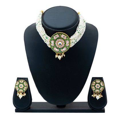 Shining Jewel Gold Plated Green Meenakari, CZ & Multilayer Pearls Adjustable Dori Pendant Necklace with Matching Earrings for Women (SJN_170_G)