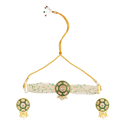 Shining Jewel Gold Plated Green Meenakari, CZ & Multilayer Pearls Adjustable Dori Pendant Necklace with Matching Earrings for Women (SJN_170_G)