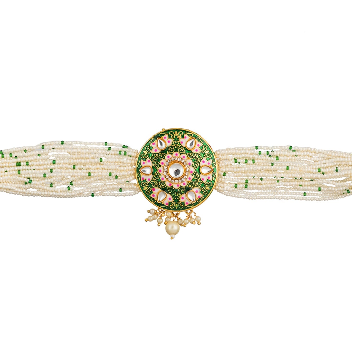Shining Jewel Gold Plated Green Meenakari, CZ & Multilayer Pearls Adjustable Dori Pendant Necklace with Matching Earrings for Women (SJN_170_G)