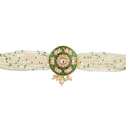 Shining Jewel Gold Plated Green Meenakari, CZ & Multilayer Pearls Adjustable Dori Pendant Necklace with Matching Earrings for Women (SJN_170_G)