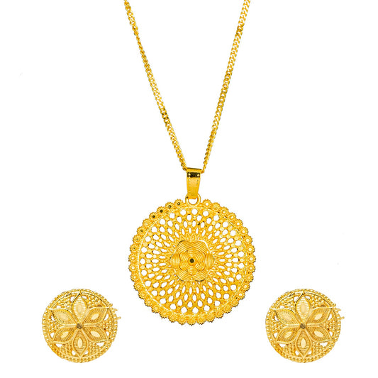 Shining Jewel Gold Plated Round Flower Design Pendant Necklace with Matching Earrings for Women (SJN_171)