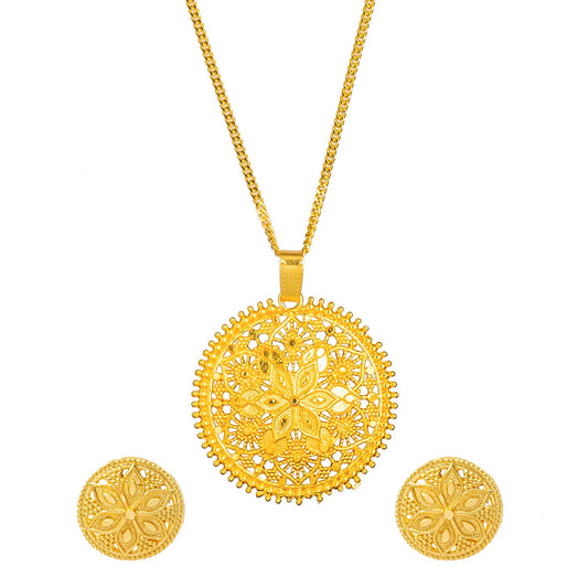 Shining Jewel Gold Plated Round Flower Design Pendant Necklace with Matching Earrings for Women (SJN_172)