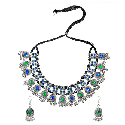 Shining Jewel Antique Silver Plated Oxidised CZ, Pearl Afghani Style Choker Necklace Set for Women (SJN_176)