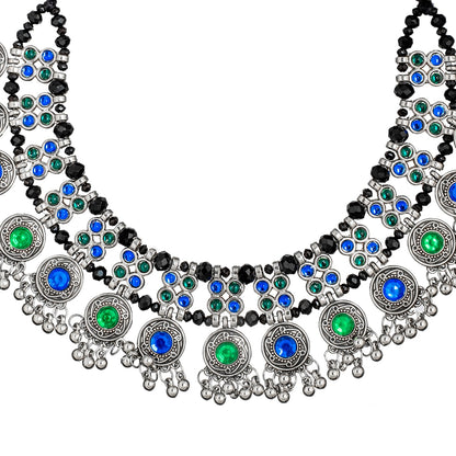 Shining Jewel Antique Silver Plated Oxidised CZ, Pearl Afghani Style Choker Necklace Set for Women (SJN_176)