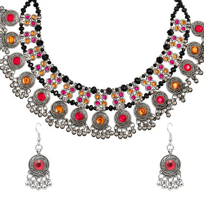 Shining Jewel Antique Silver Plated Oxidised CZ, Pearl Afghani Style Choker Necklace Set for Women (SJN_177)