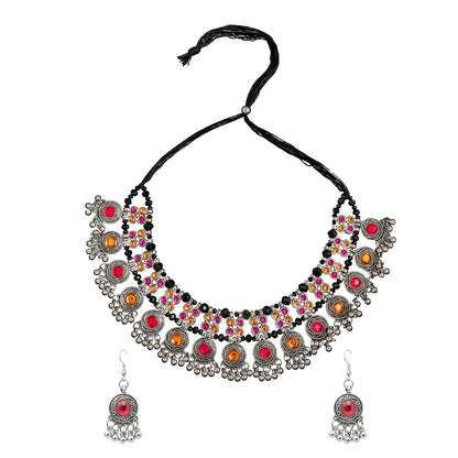 Shining Jewel Antique Silver Plated Oxidised CZ, Pearl Afghani Style Choker Necklace Set for Women (SJN_177)