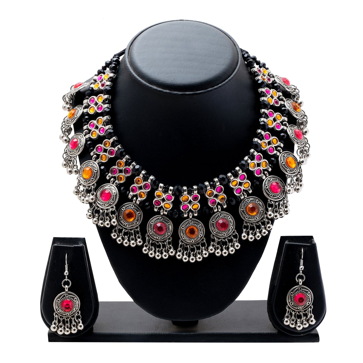 Shining Jewel Antique Silver Plated Oxidised CZ, Pearl Afghani Style Choker Necklace Set for Women (SJN_177)