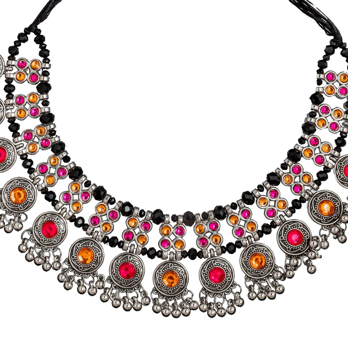 Shining Jewel Antique Silver Plated Oxidised CZ, Pearl Afghani Style Choker Necklace Set for Women (SJN_177)