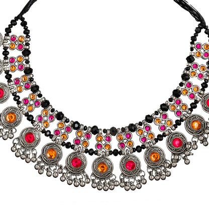 Shining Jewel Antique Silver Plated Oxidised CZ, Pearl Afghani Style Choker Necklace Set for Women (SJN_177)