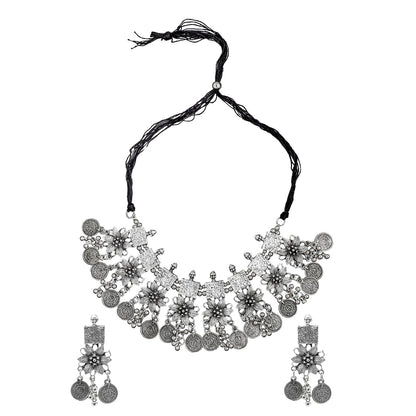 Shining Jewel Antique Silver Plated Oxidised CZ, Pearl Afghani Style Choker Necklace Set for Women (SJN_178)