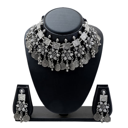 Shining Jewel Antique Silver Plated Oxidised CZ, Pearl Afghani Style Choker Necklace Set for Women (SJN_178)