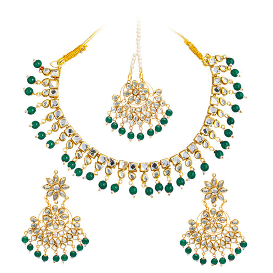 Gold Plated Kundan Green Pearl Bridal Necklace Combo Necklace Set with Maang Tikka and Earrings for Women (SJN_179_G)