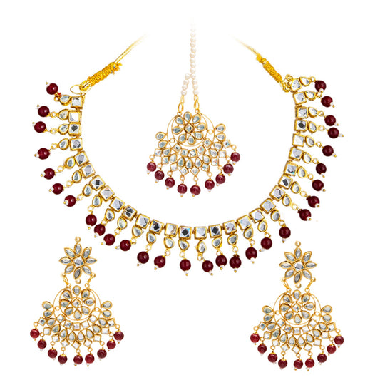 Gold Plated Kundan Maroon Pearl Bridal Necklace Combo Necklace Set with Maang Tikka and Earrings for Women (SJN_179_M)