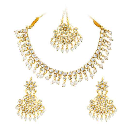 Gold Plated Kundan White Pearl Bridal Necklace Combo Necklace Set with Maang Tikka and Earrings for Women (SJN_179_W)