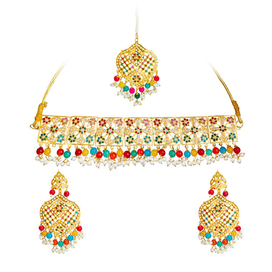 Gold Plated Multicolor Pearl Bridal Choker Necklace Combo Necklace Set with Maang Tikka and Earrings for Women (SJN_180_MT)