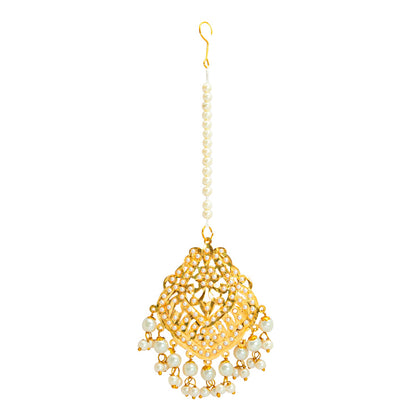 Gold Plated White Pearl Bridal Choker Necklace Combo Necklace Set with Maang Tikka and Earrings for Women (SJN_180_W)