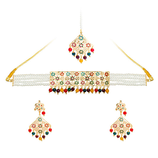 Gold Plated Multicolor Pearl, Crystal, Bridal Choker Necklace Combo Necklace Set with Maang Tikka and Earrings for Women (SJN_181_MT)