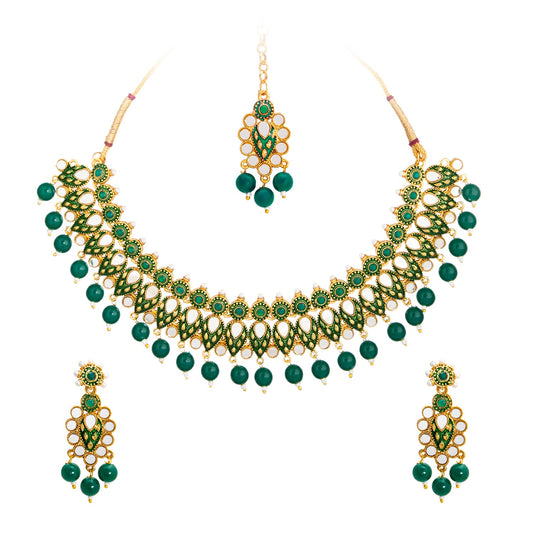 Gold Plated Kundan, Pearl, CZ, Mirror Design Bridal Necklace Combo Jewellery Set with Maang Tikka and Earrings for Women (SJN_182_G)