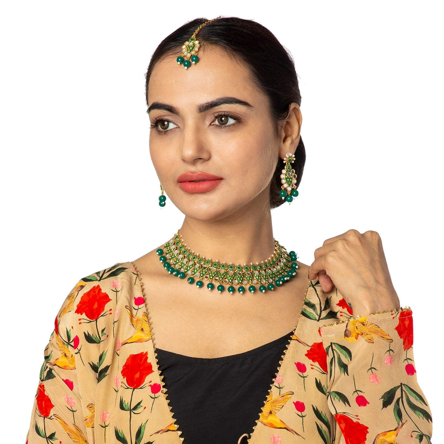 Gold Plated Kundan, Pearl, CZ, Mirror Design Bridal Necklace Combo Jewellery Set with Maang Tikka and Earrings for Women (SJN_182_G)