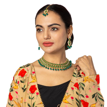 Gold Plated Kundan, Pearl, CZ, Mirror Design Bridal Necklace Combo Jewellery Set with Maang Tikka and Earrings for Women (SJN_182_G)