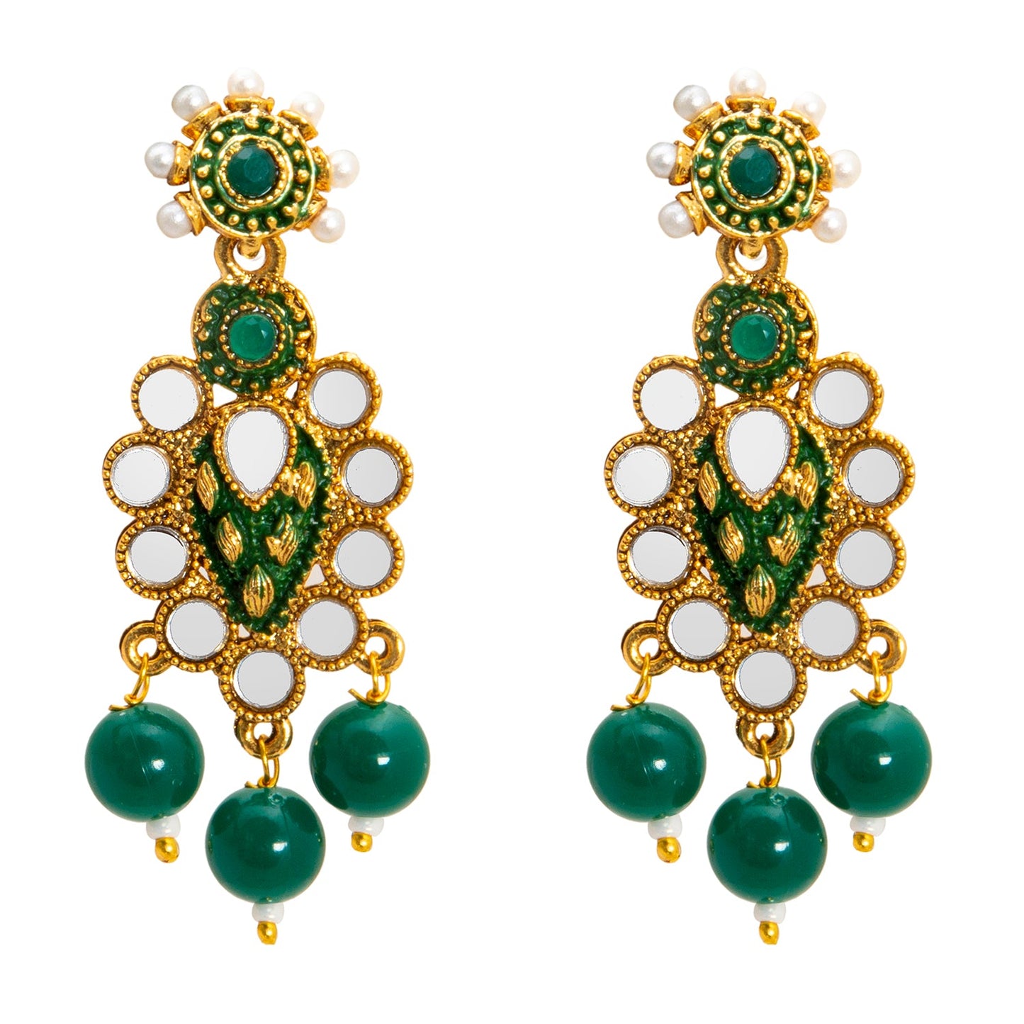Gold Plated Kundan, Pearl, CZ, Mirror Design Bridal Necklace Combo Jewellery Set with Maang Tikka and Earrings for Women (SJN_182_G)