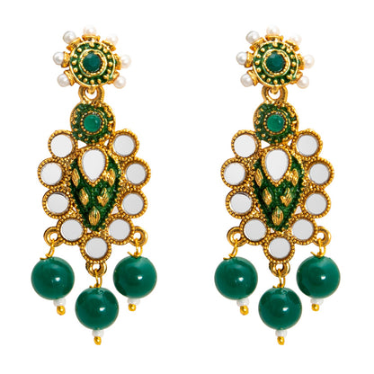 Gold Plated Kundan, Pearl, CZ, Mirror Design Bridal Necklace Combo Jewellery Set with Maang Tikka and Earrings for Women (SJN_182_G)