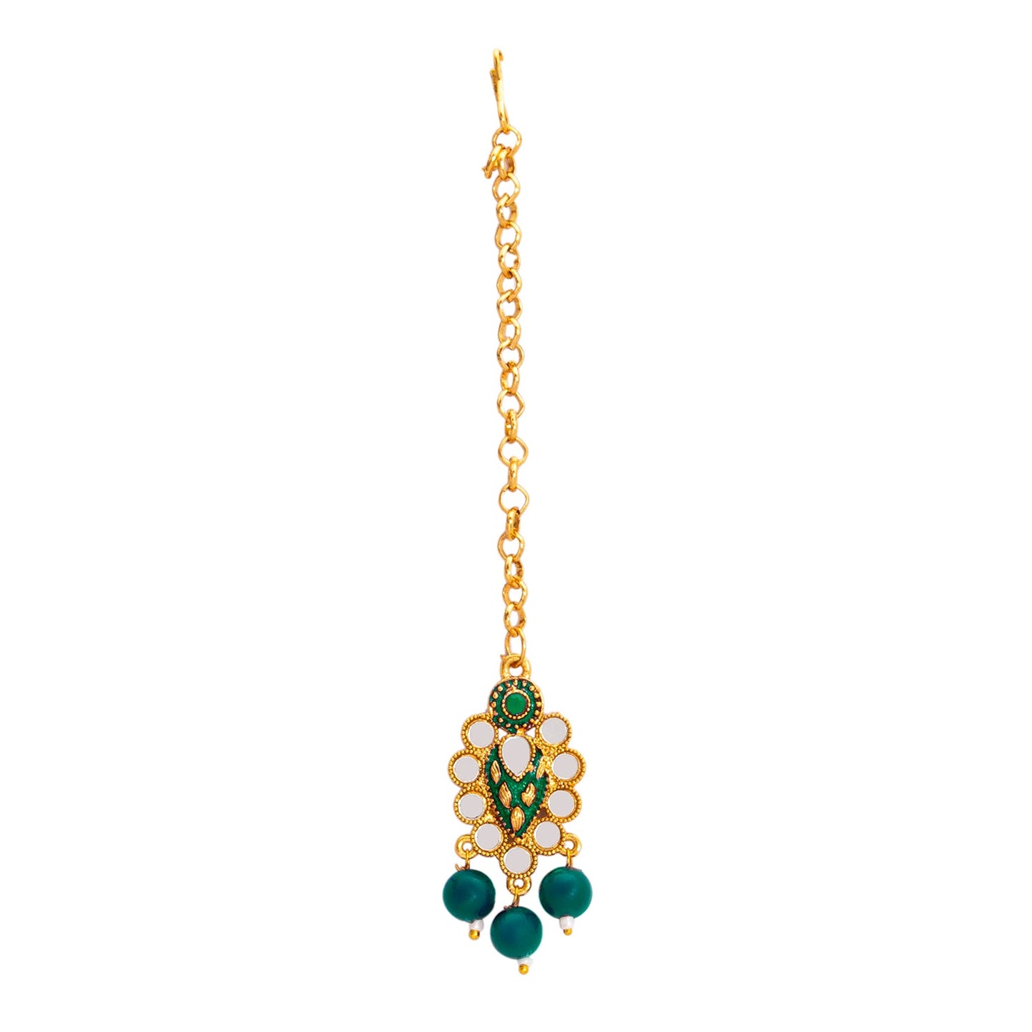 Gold Plated Kundan, Pearl, CZ, Mirror Design Bridal Necklace Combo Jewellery Set with Maang Tikka and Earrings for Women (SJN_182_G)