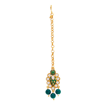 Gold Plated Kundan, Pearl, CZ, Mirror Design Bridal Necklace Combo Jewellery Set with Maang Tikka and Earrings for Women (SJN_182_G)