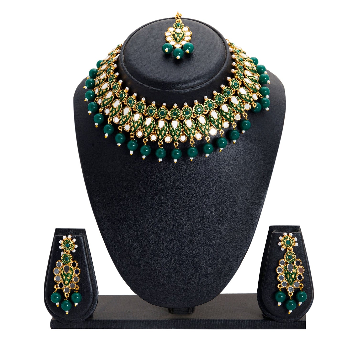 Gold Plated Kundan, Pearl, CZ, Mirror Design Bridal Necklace Combo Jewellery Set with Maang Tikka and Earrings for Women (SJN_182_G)