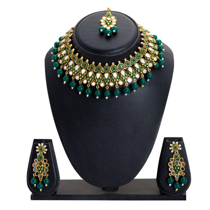 Gold Plated Kundan, Pearl, CZ, Mirror Design Bridal Necklace Combo Jewellery Set with Maang Tikka and Earrings for Women (SJN_182_G)