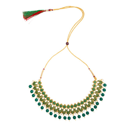 Gold Plated Kundan, Pearl, CZ, Mirror Design Bridal Necklace Combo Jewellery Set with Maang Tikka and Earrings for Women (SJN_182_G)