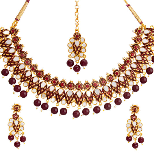 Gold Plated Kundan, Pearl,CZ,Mirror Design Bridal Necklace Combo Jewellery Set with Maang Tikka and Earrings for Women (SJN_182_M)