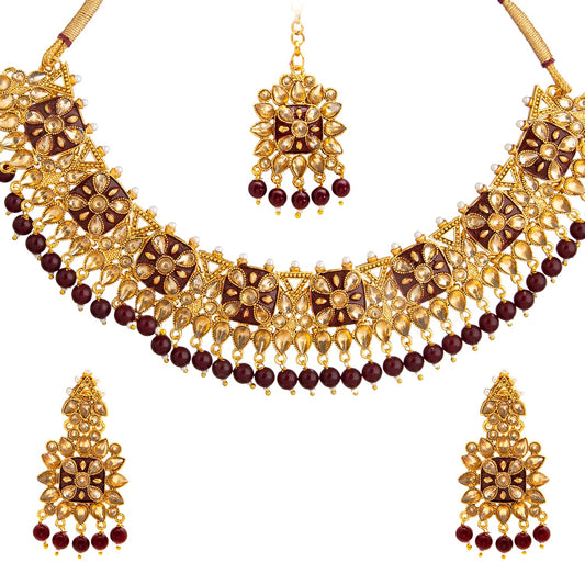 Gold Plated Kundan, Pearl, CZ, Mirror Design Bridal Necklace Combo Jewellery Set with Maang Tikka and Earrings for Women (SJN_183_M)