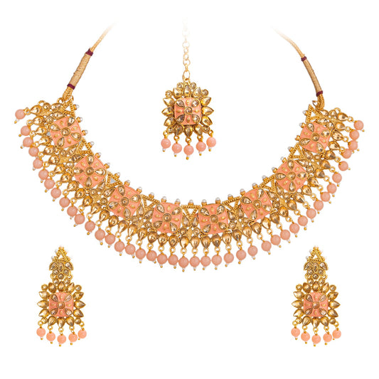 Gold Plated Kundan, Pearl, CZ, Mirror Design Bridal Necklace Combo Jewellery Set with Maang Tikka and Earrings for Women (SJN_183_P)