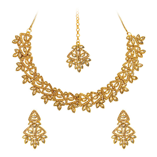 Gold Plated Kundan, AD, Crystal, CZ Design Necklace Combo Jewellery Set with Maang Tikka and Earrings for Women (SJN_184_LCT)