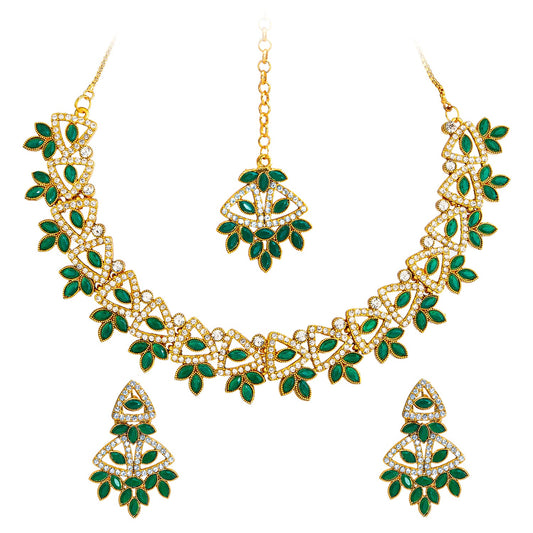 Gold Plated Kundan, AD, Crystal, CZ Design Necklace Combo Jewellery Set with Maang Tikka and Earrings for Women (SJN_184_G)
