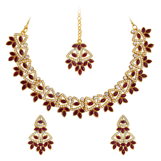 Gold Plated Kundan, AD, Crystal, CZ Design Necklace Combo Jewellery Set with Maang Tikka and Earrings for Women (SJN_184_M)