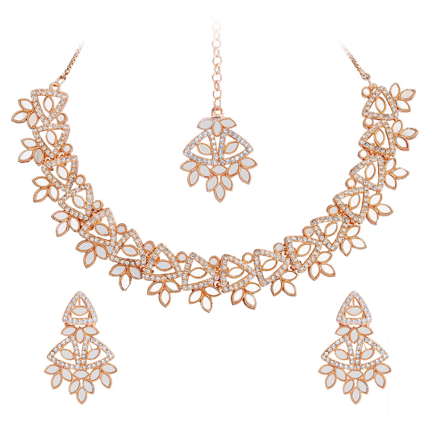 Rose Gold Plated Kundan, AD, Crystal, CZ Design Necklace Combo Jewellery Set with Maang Tikka and Earrings for Women (SJN_184_RG)