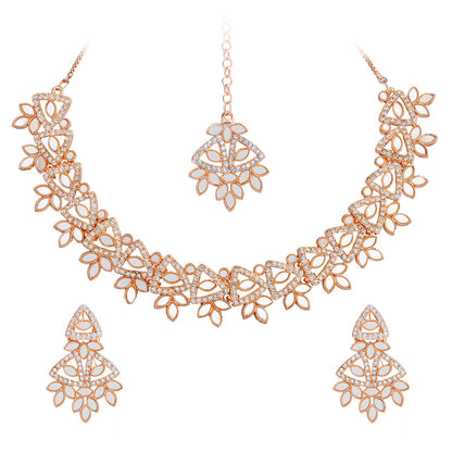 Rose Gold Plated Kundan, AD, Crystal, CZ Design Necklace Combo Jewellery Set with Maang Tikka and Earrings for Women (SJN_184_RG)