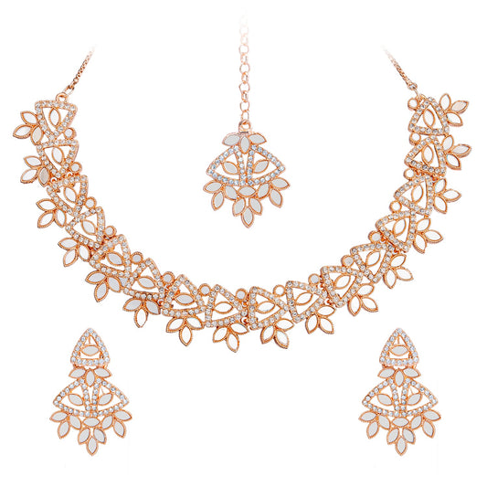 Rose Gold Plated Kundan, AD, Crystal, CZ Design Necklace Combo Jewellery Set with Maang Tikka and Earrings for Women (SJN_184_RG)