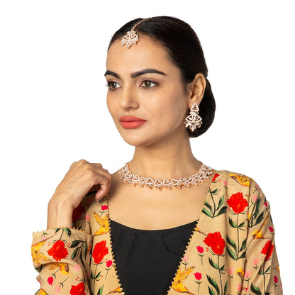Rose Gold Plated Kundan, AD, Crystal, CZ Design Necklace Combo Jewellery Set with Maang Tikka and Earrings for Women (SJN_184_RG)