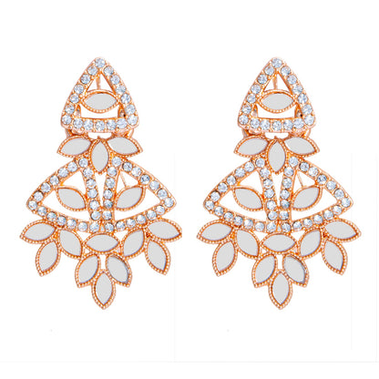 Rose Gold Plated Kundan, AD, Crystal, CZ Design Necklace Combo Jewellery Set with Maang Tikka and Earrings for Women (SJN_184_RG)