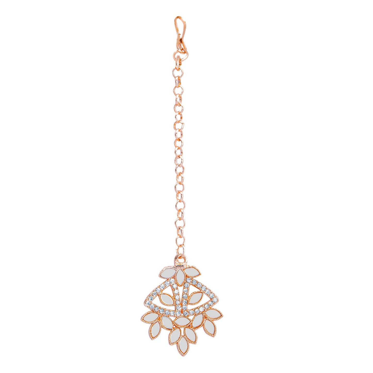 Rose Gold Plated Kundan, AD, Crystal, CZ Design Necklace Combo Jewellery Set with Maang Tikka and Earrings for Women (SJN_184_RG)